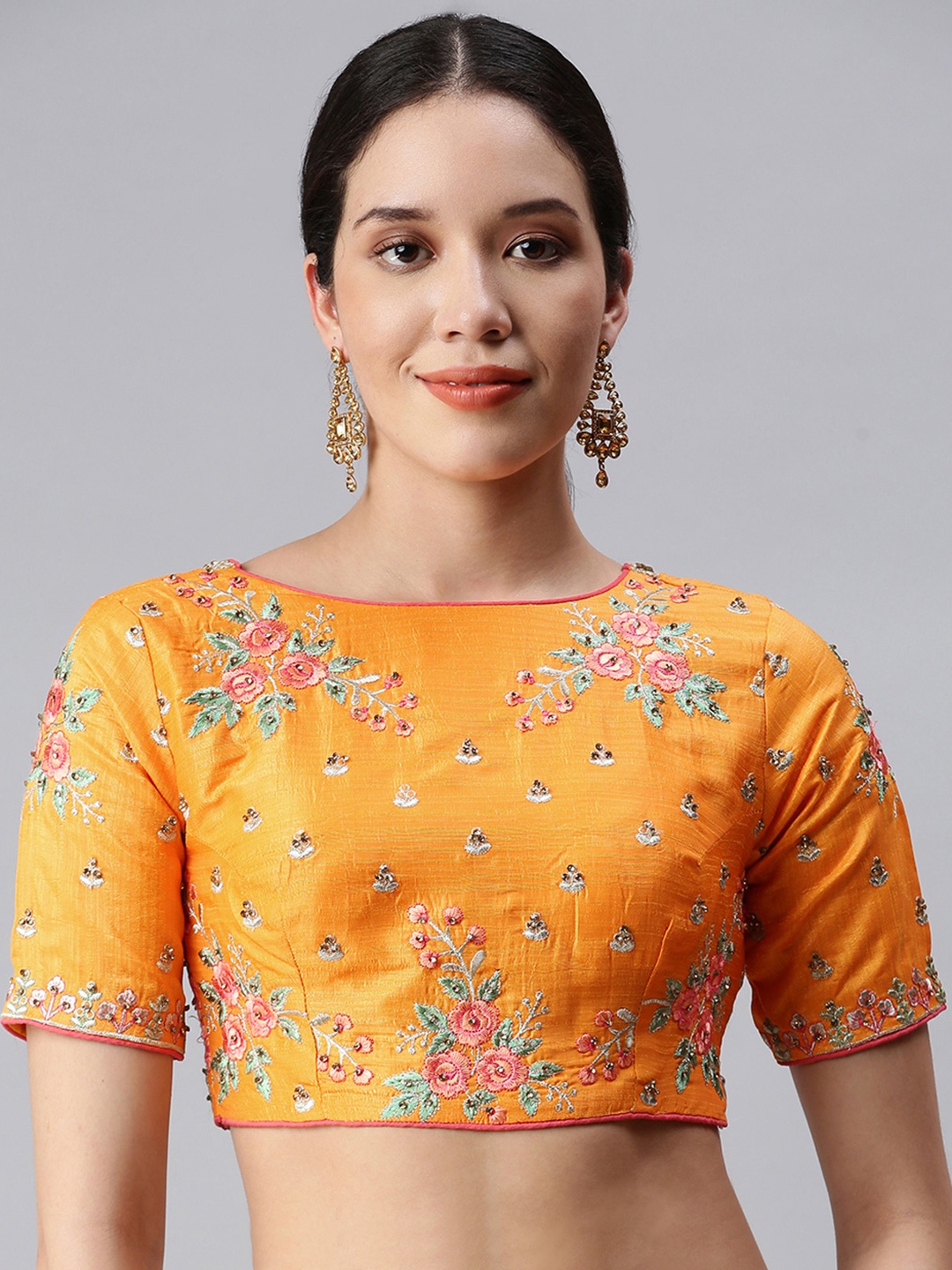 

flaher Women Orange Embroidered Art Silk Saree Blouse