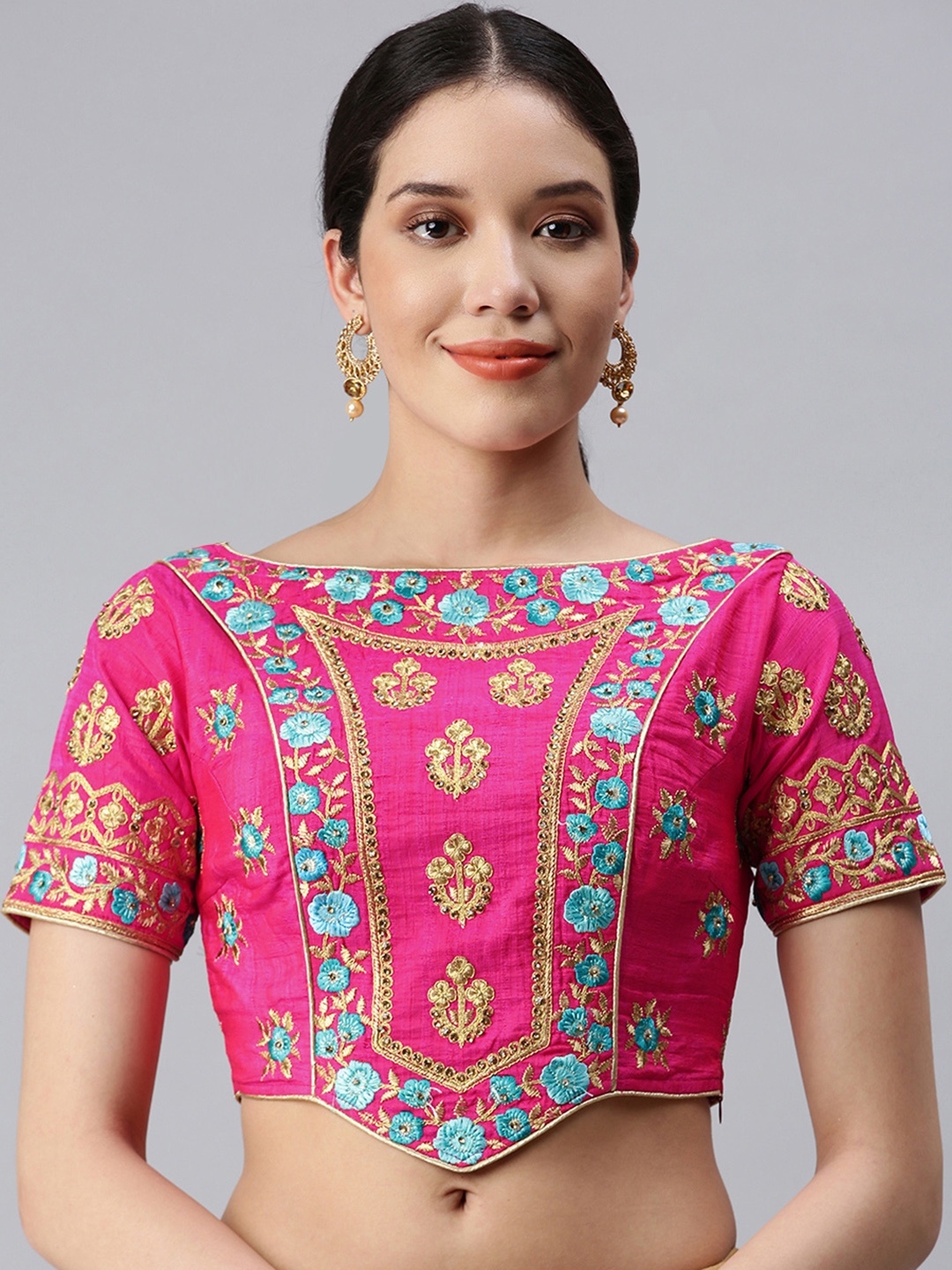

flaher Women Pink & Blue Embroidered Art Silk Saree Blouse