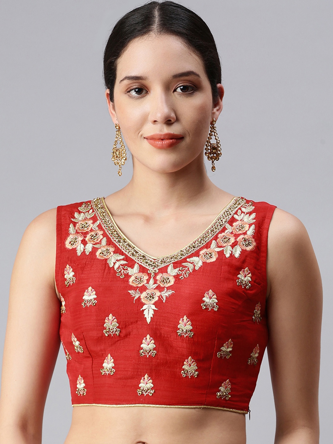 

flaher Women Red & Gold Embroidered Art Silk Saree Blouse