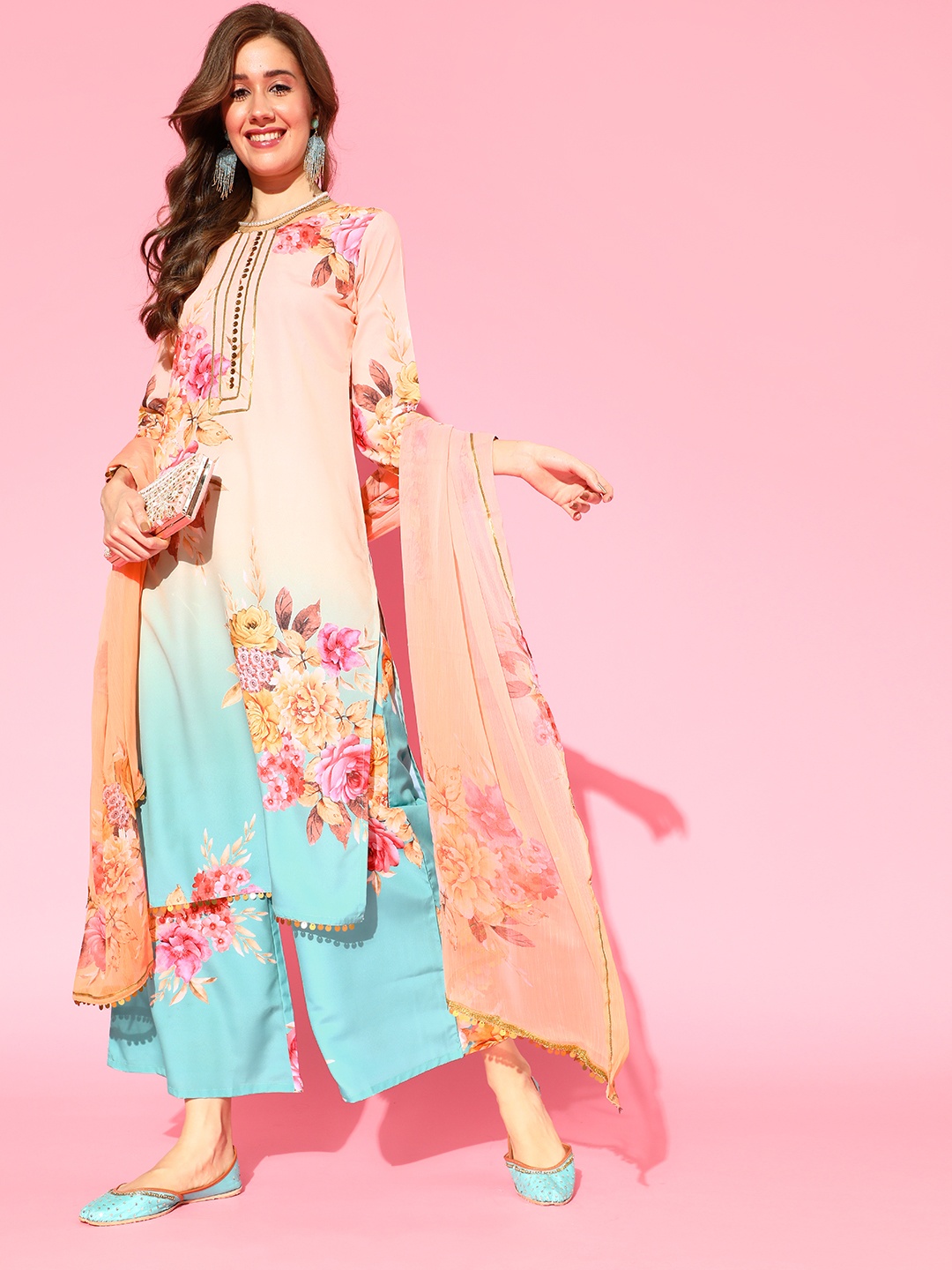 

Ahalyaa Women Peach-Coloured Floral Printed Regular Sequinned Kurta with Palazzos & With Dupatta