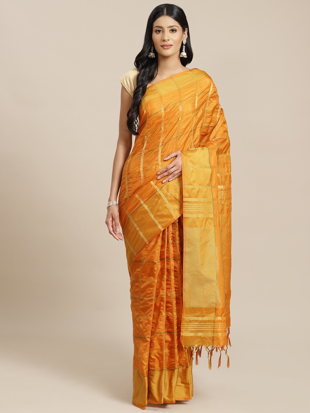 

OM SAI LATEST CREATION Mustard Orange & Golden Checked Jaali Silk Cotton Saree