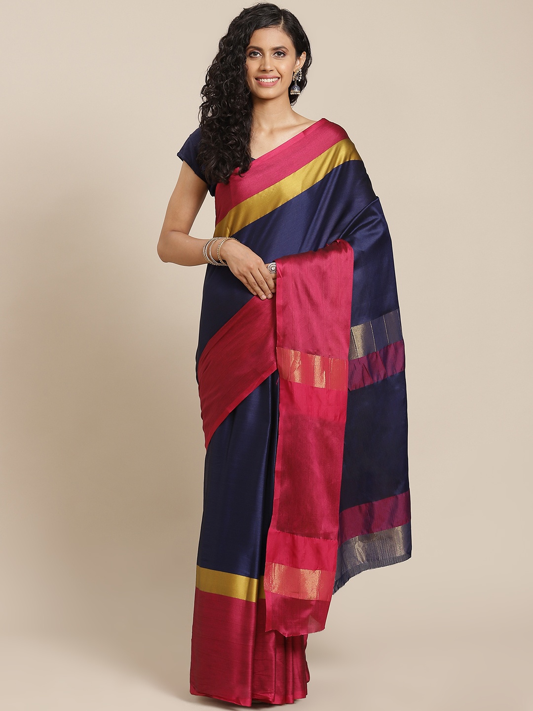

OM SAI LATEST CREATION Women Navy Blue & Pink Colourblocked Jaali Kanjeevaram Saree