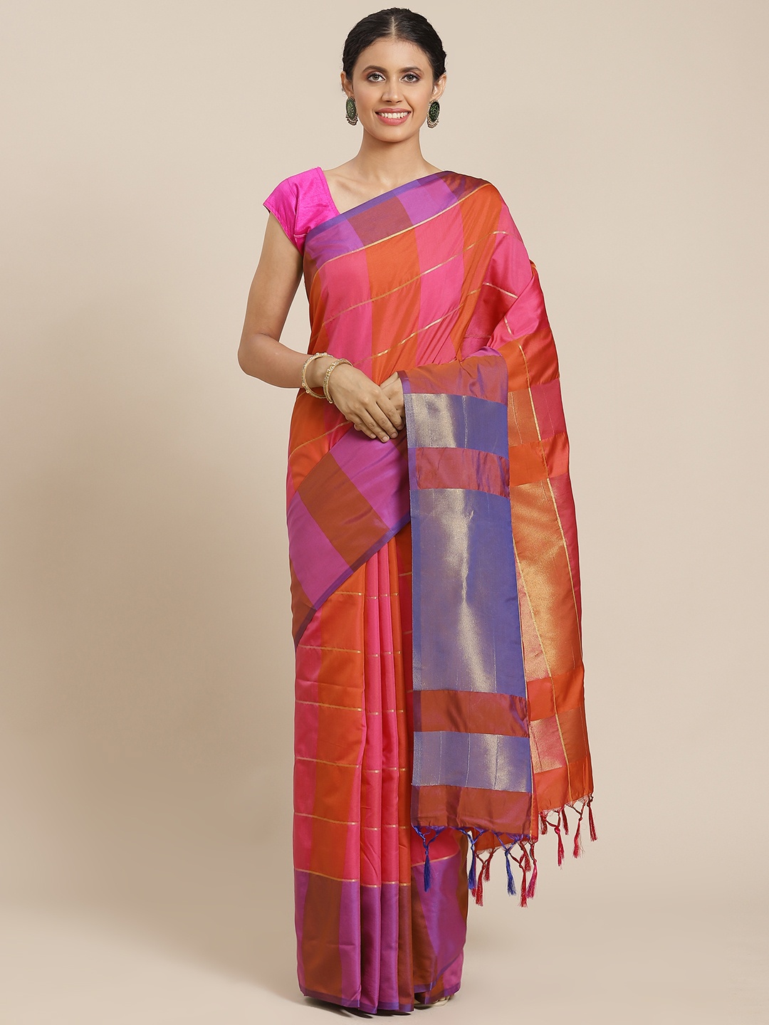 

OM SAI LATEST CREATION Orange & Pink Checked Jaali Kanjeevaram Saree