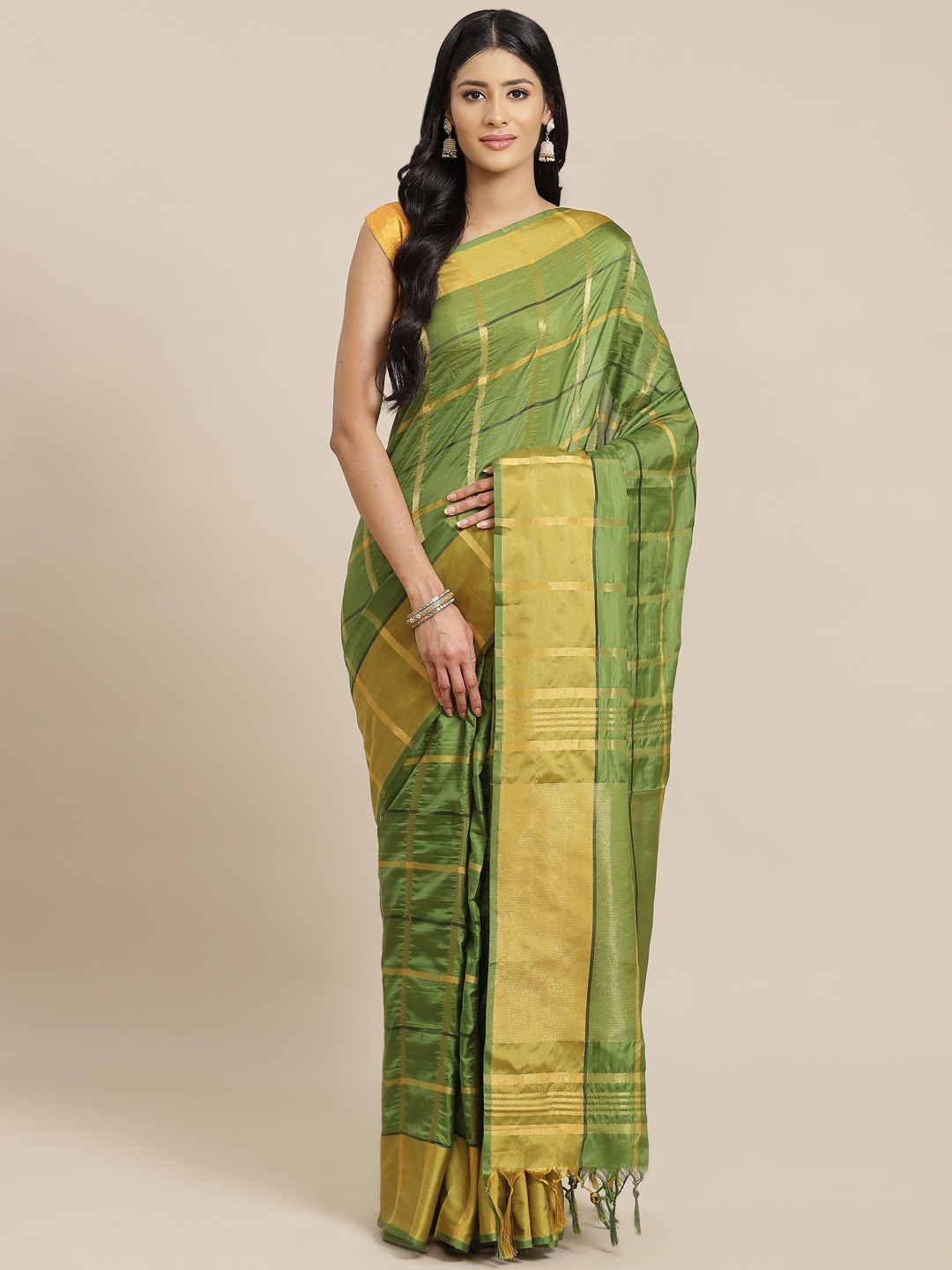 

OM SAI LATEST CREATION Green & Golden Checked Jaali Saree