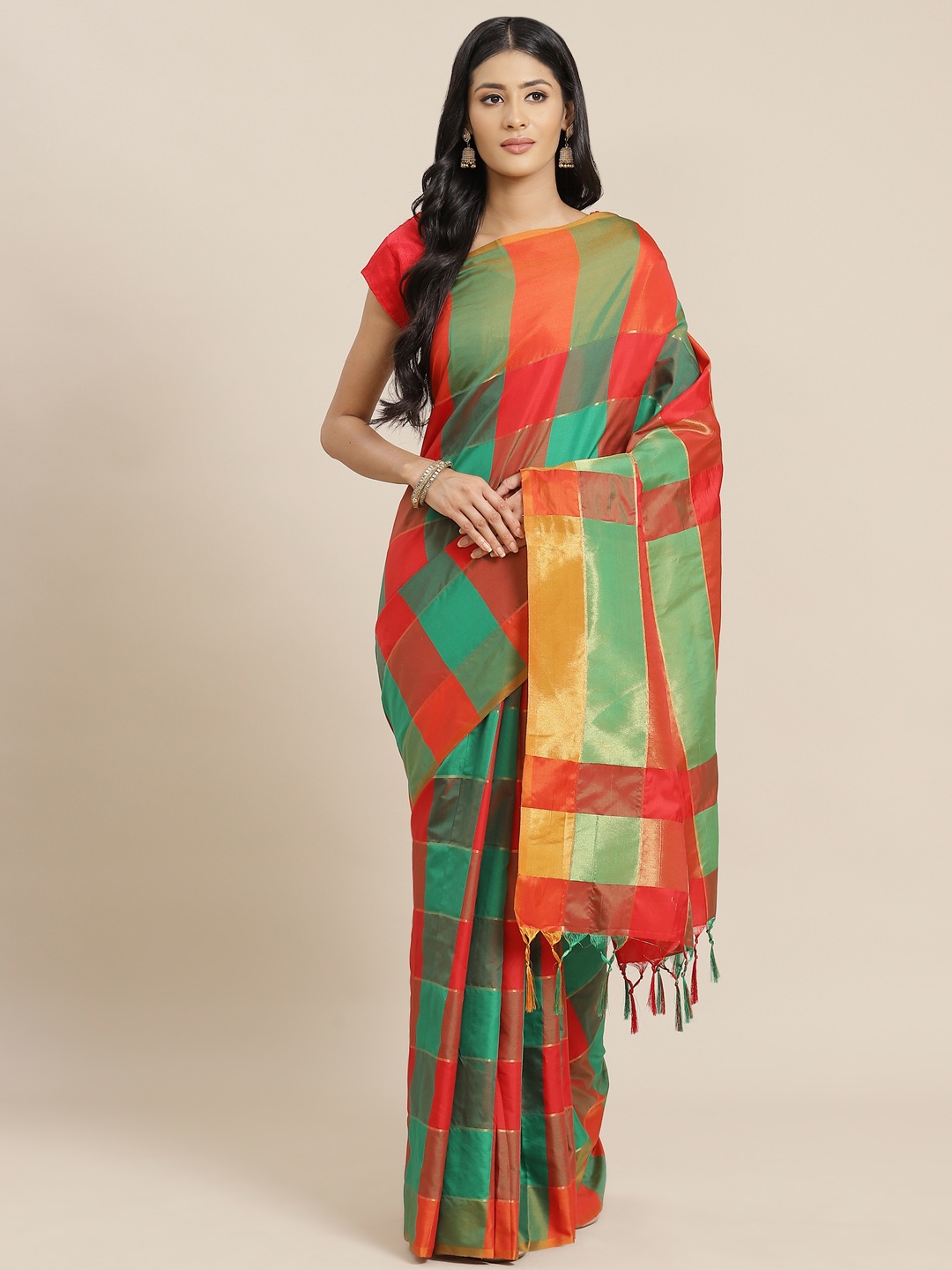 

OM SAI LATEST CREATION Red & Green Checked Saree