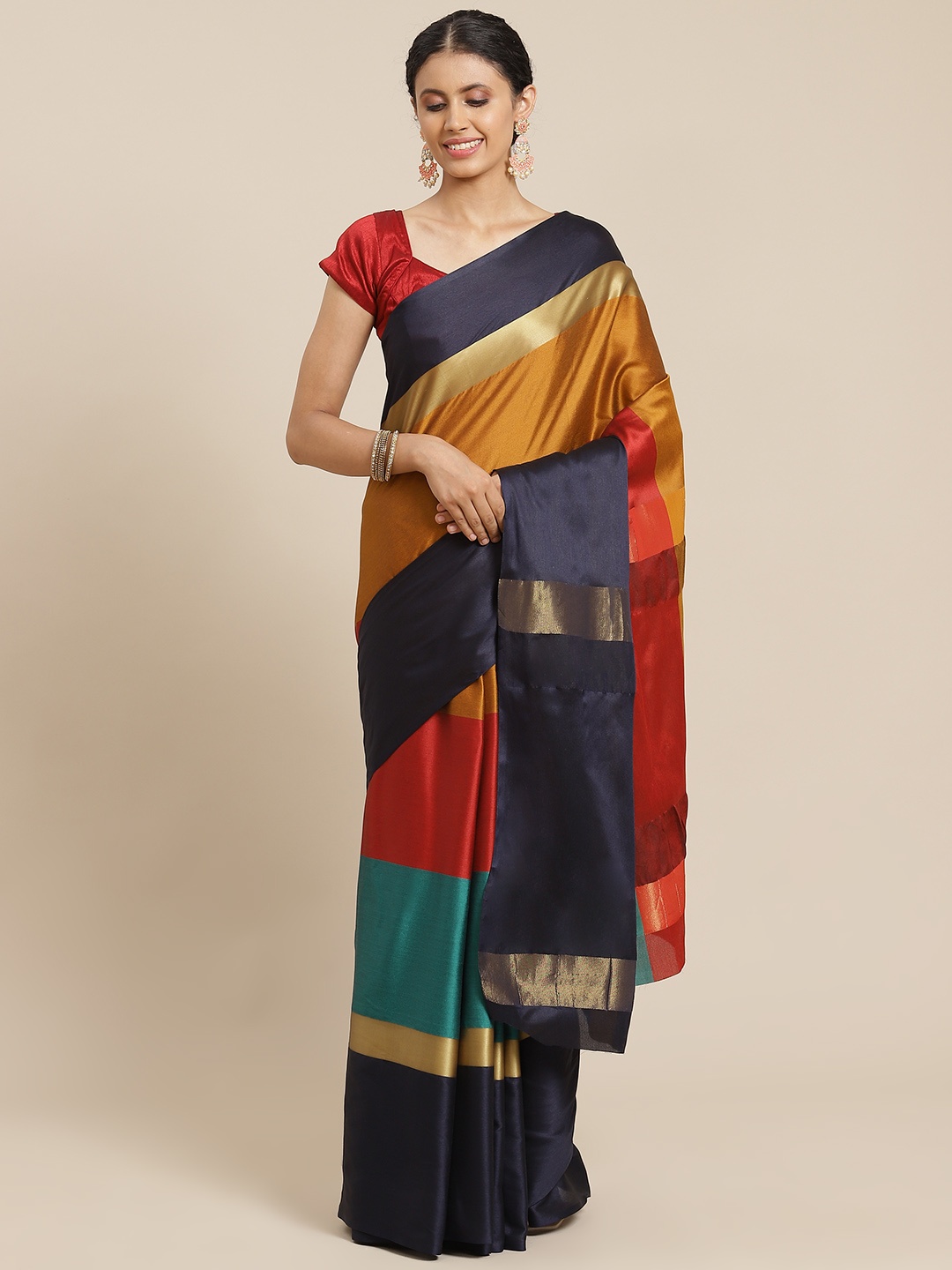 

OM SAI LATEST CREATION Women Navy Blue & Golden Striped Jaali Kanjeevaram Saree