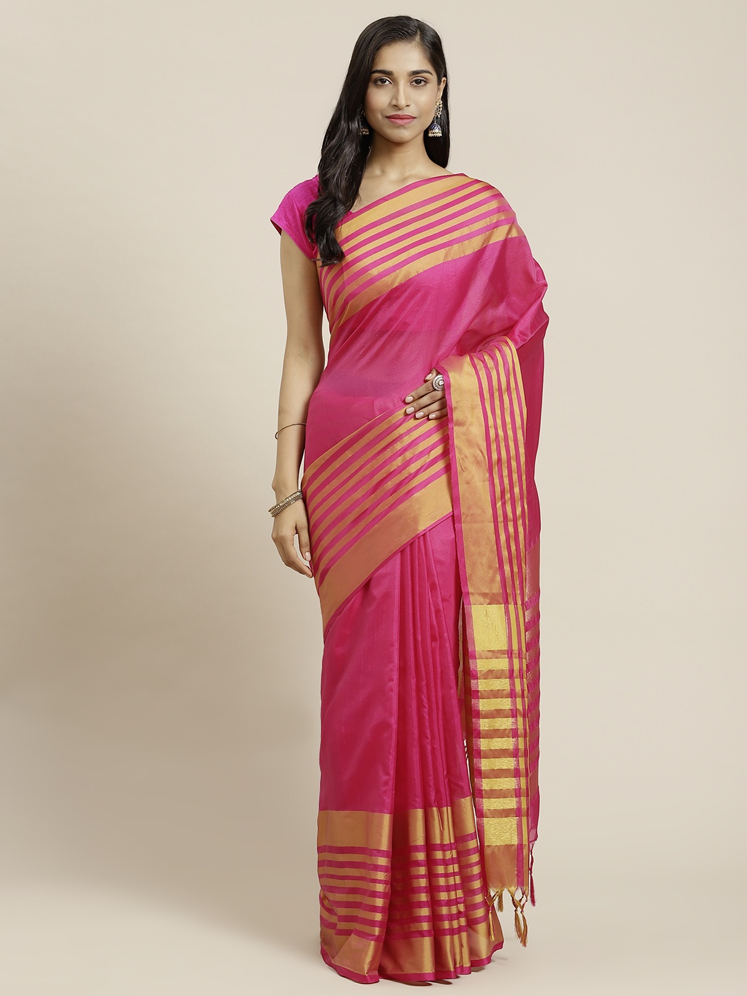 

OM SAI LATEST CREATION Women Pink & Golden Striped Jaali Kanjeevaram Saree