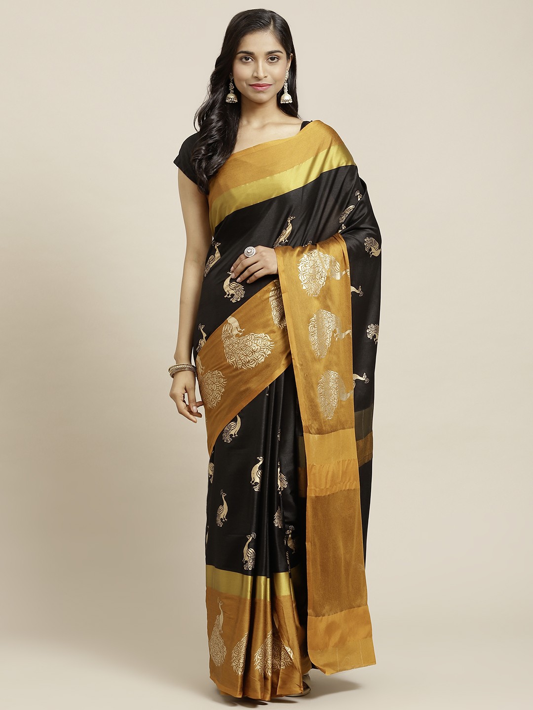 

OM SAI LATEST CREATION Women Black & Golden Ethnic Motifs Jaali Kanjeevaram Saree