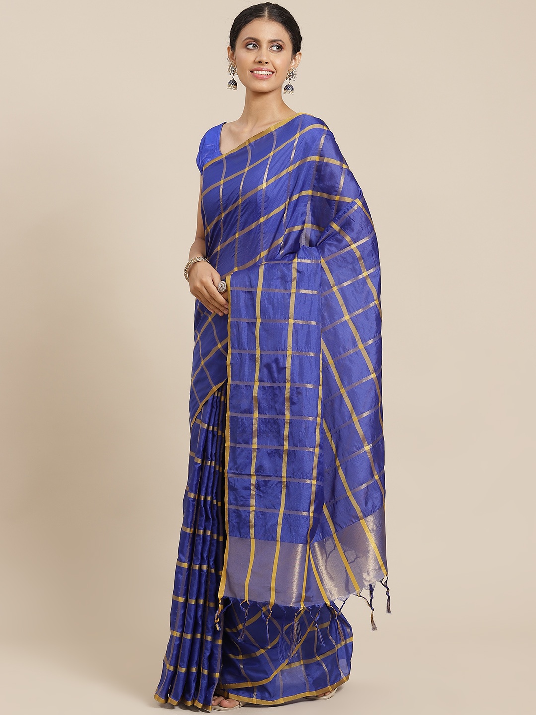 

OM SAI LATEST CREATION Blue & Golden Checked Jaali Saree