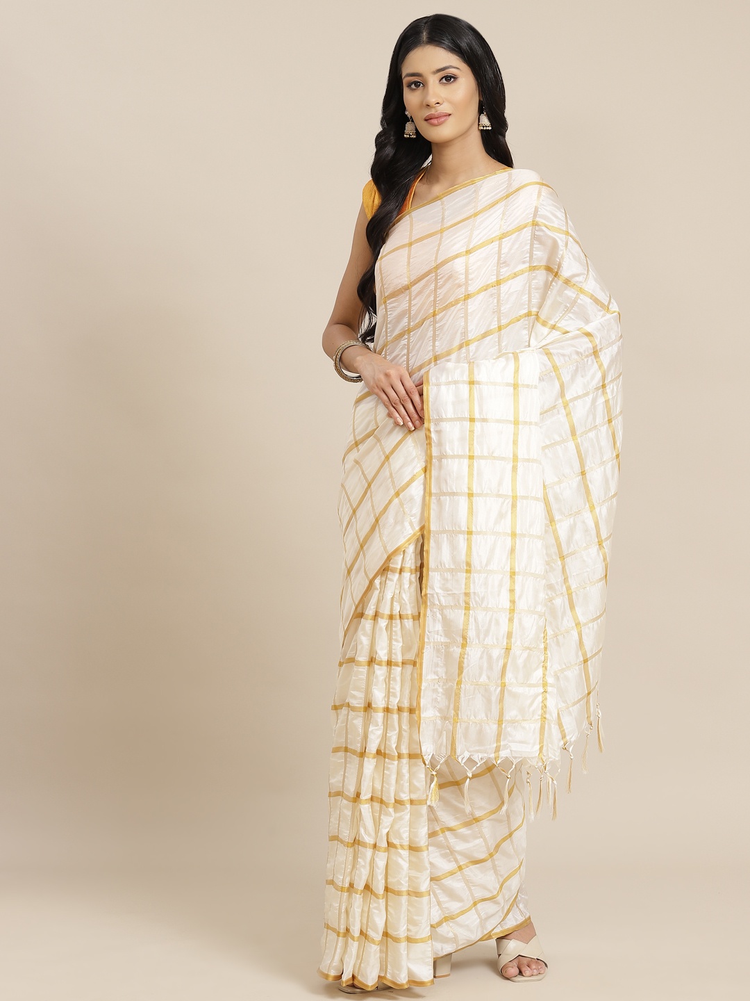 

OM SAI LATEST CREATION White & Golden Checked Saree