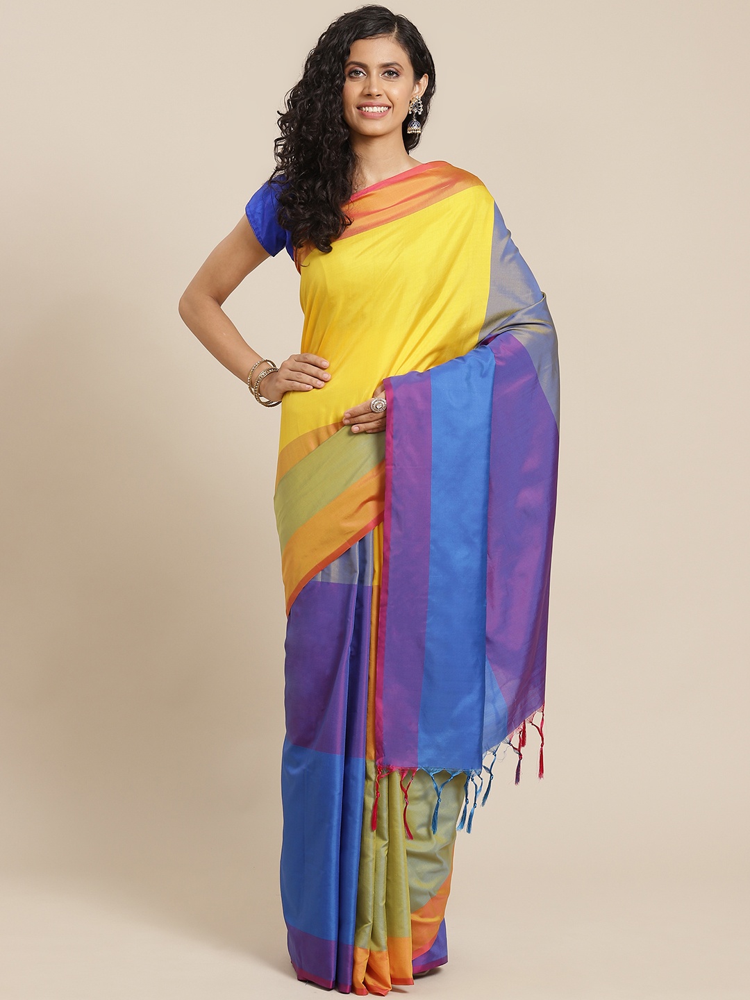 

OM SAI LATEST CREATION Yellow & Purple Colourblocked Jaali Saree