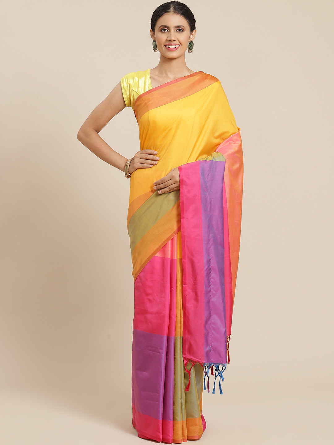 

OM SAI LATEST CREATION Yellow & Pink Colourblocked Jaali Saree