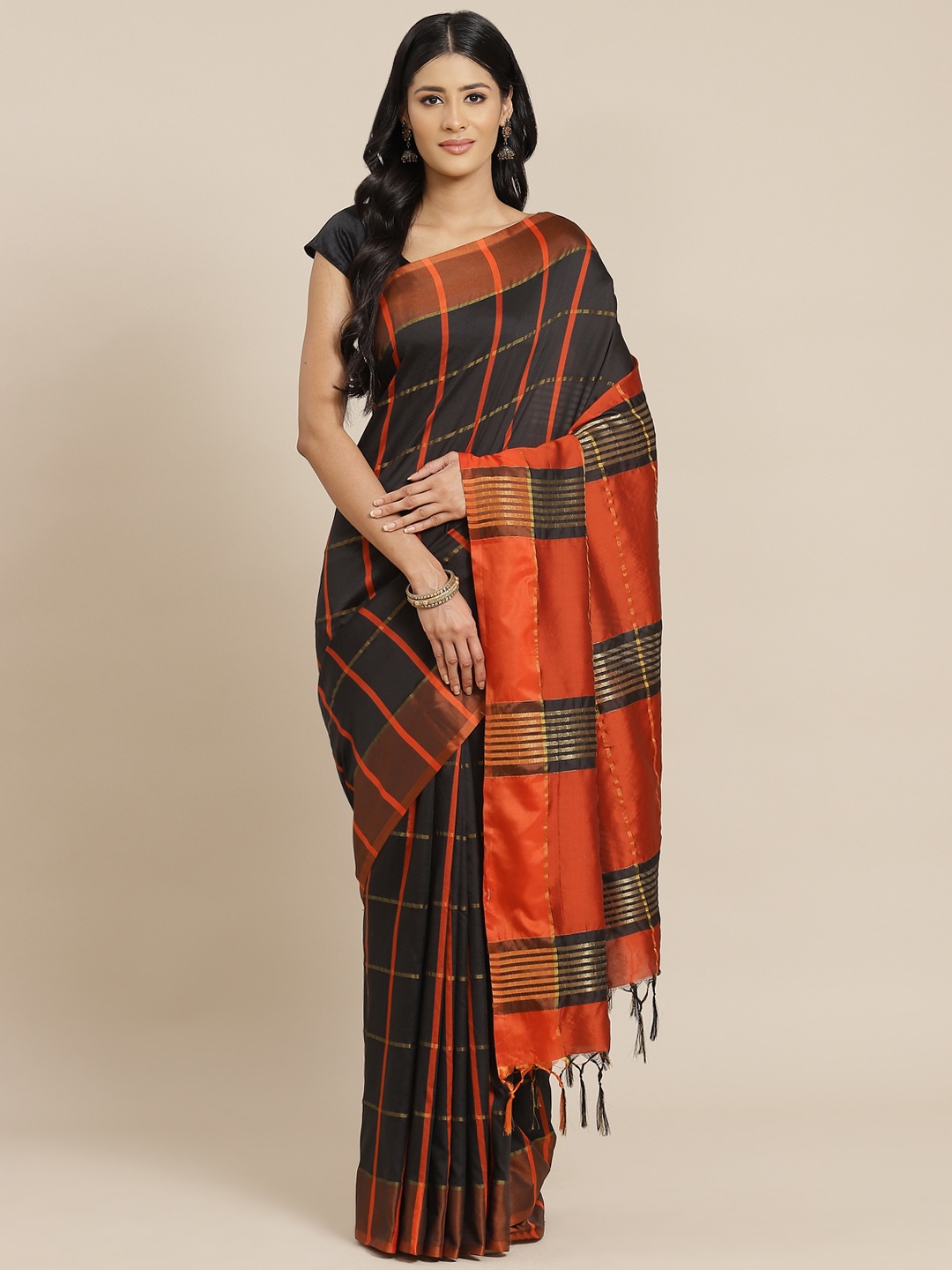 

OM SAI LATEST CREATION Black & Orange Checked Saree