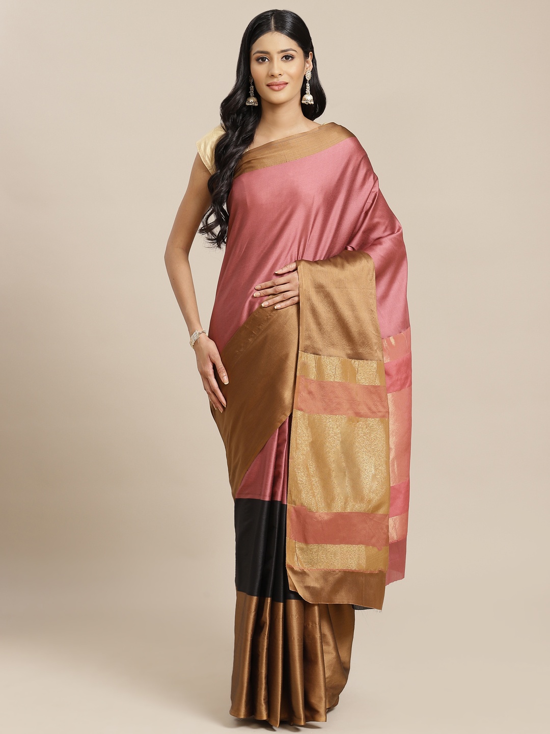 

OM SAI LATEST CREATION Pink & Khaki Colourblocked Saree