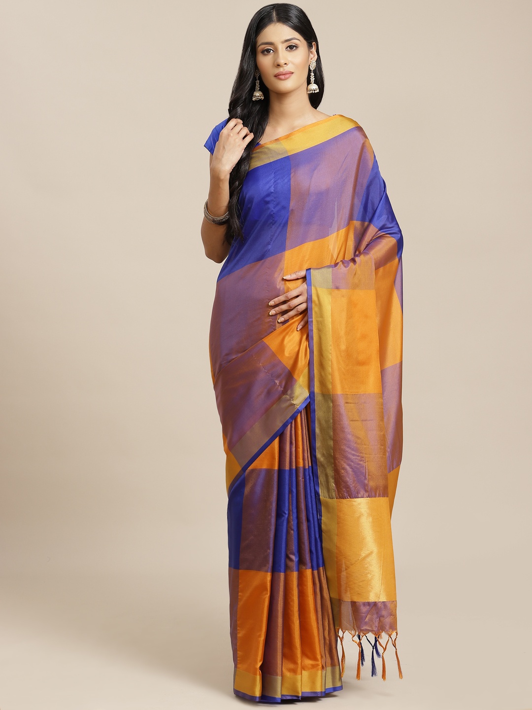 

OM SAI LATEST CREATION Blue & Mustard Yellow Colourblocked Jaali Kanjeevaram Saree
