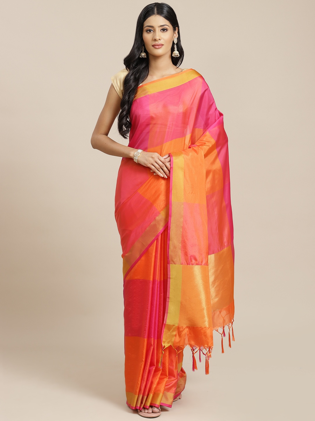 

OM SAI LATEST CREATION Pink & Orange Colourblocked Jaali Kanjeevaram Saree