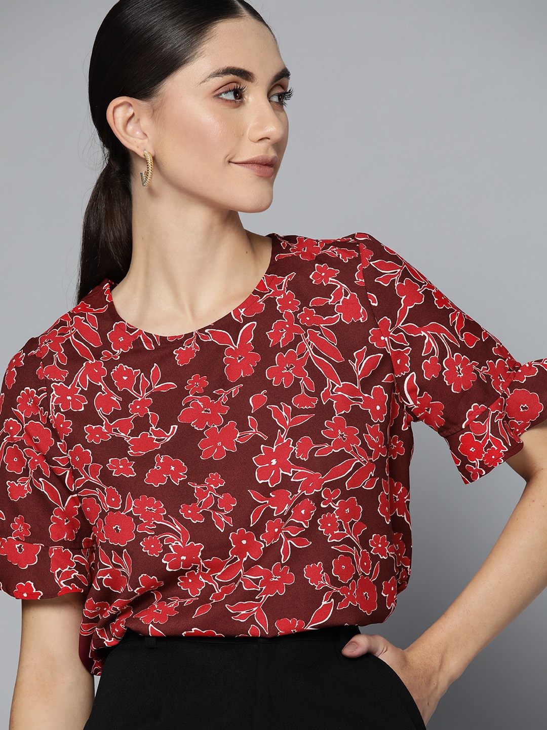

Chemistry Women Maroon and Red Floral Printed Top
