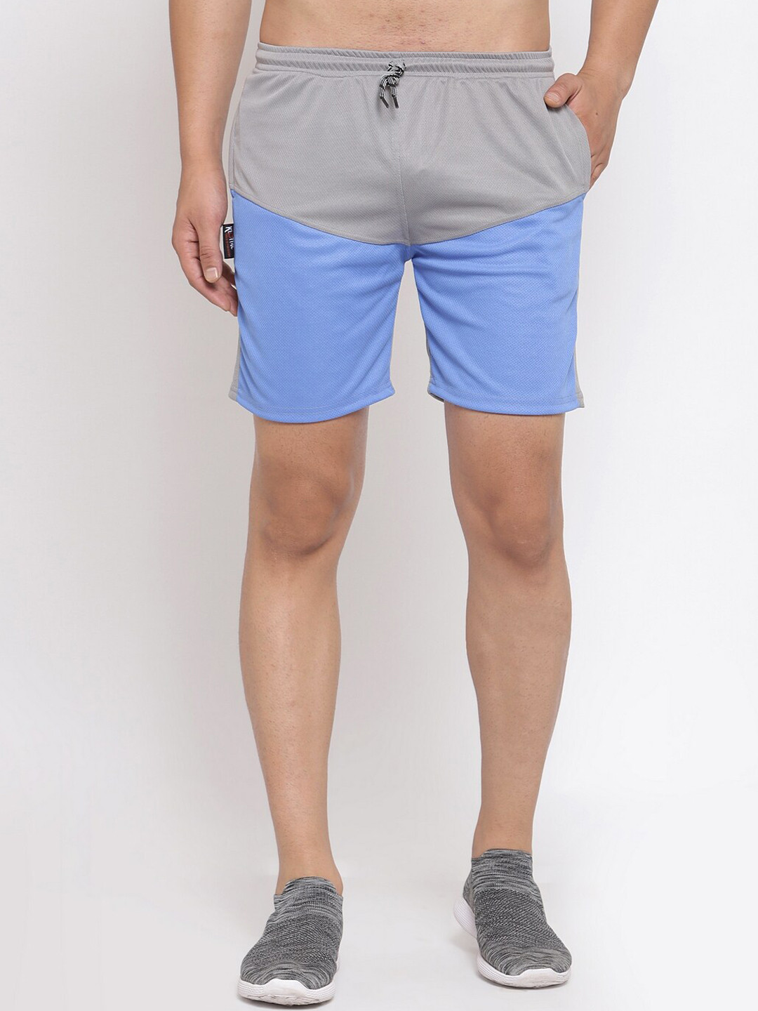 

KLOTTHE Men Grey & Blue Colourblocked Rapid Dry Mid-Rise Sports Shorts