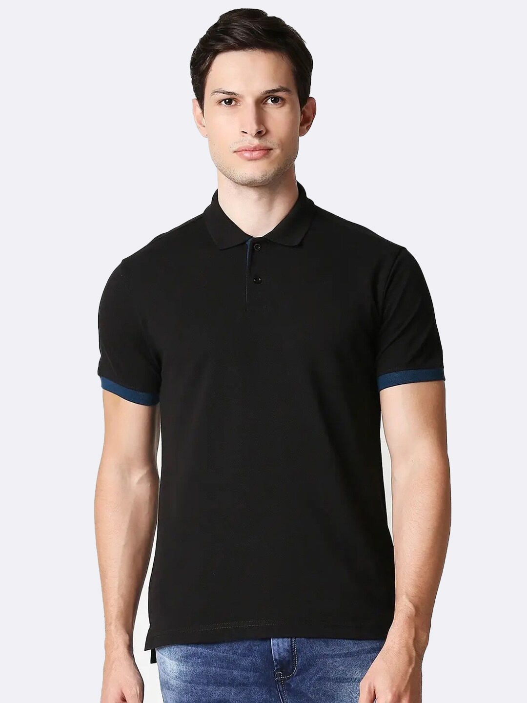 

Bewakoof Men Black Solid Polo Collar T-shirt