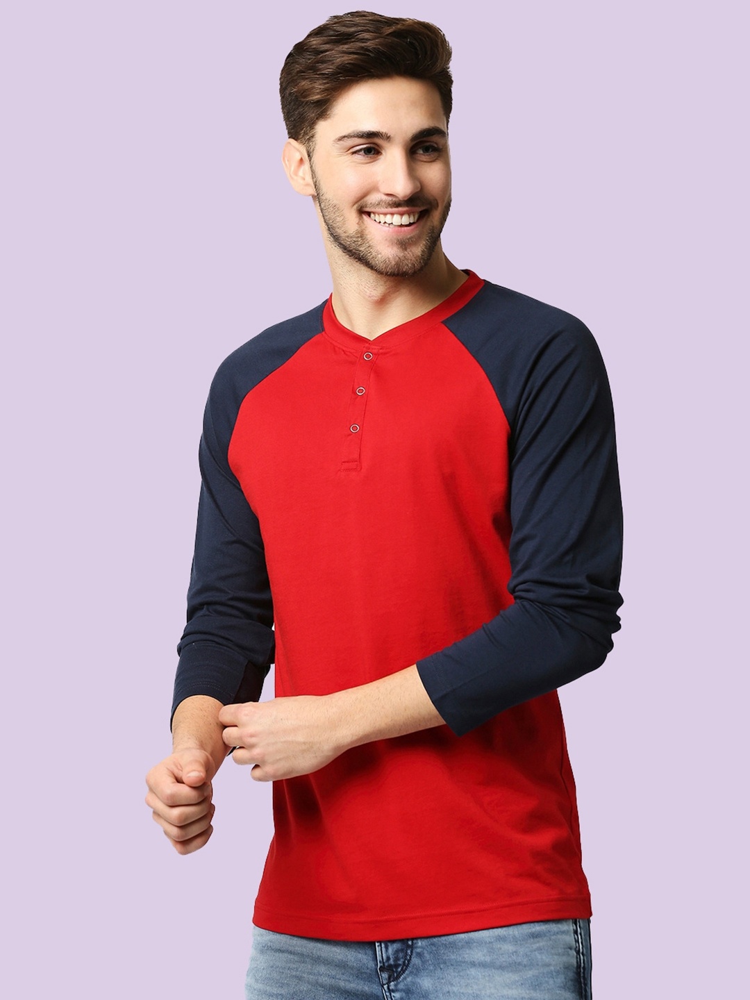 

Bewakoof Men Red & Navy Blue Colourblocked Henley Neck T-shirt