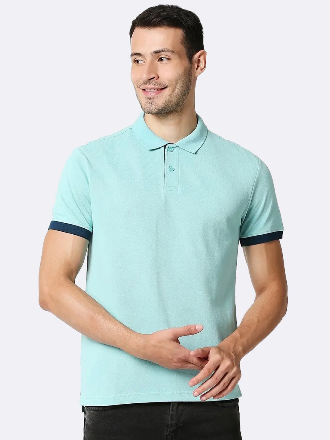 

Bewakoof Men Blue Solid Polo Collar T-shirt