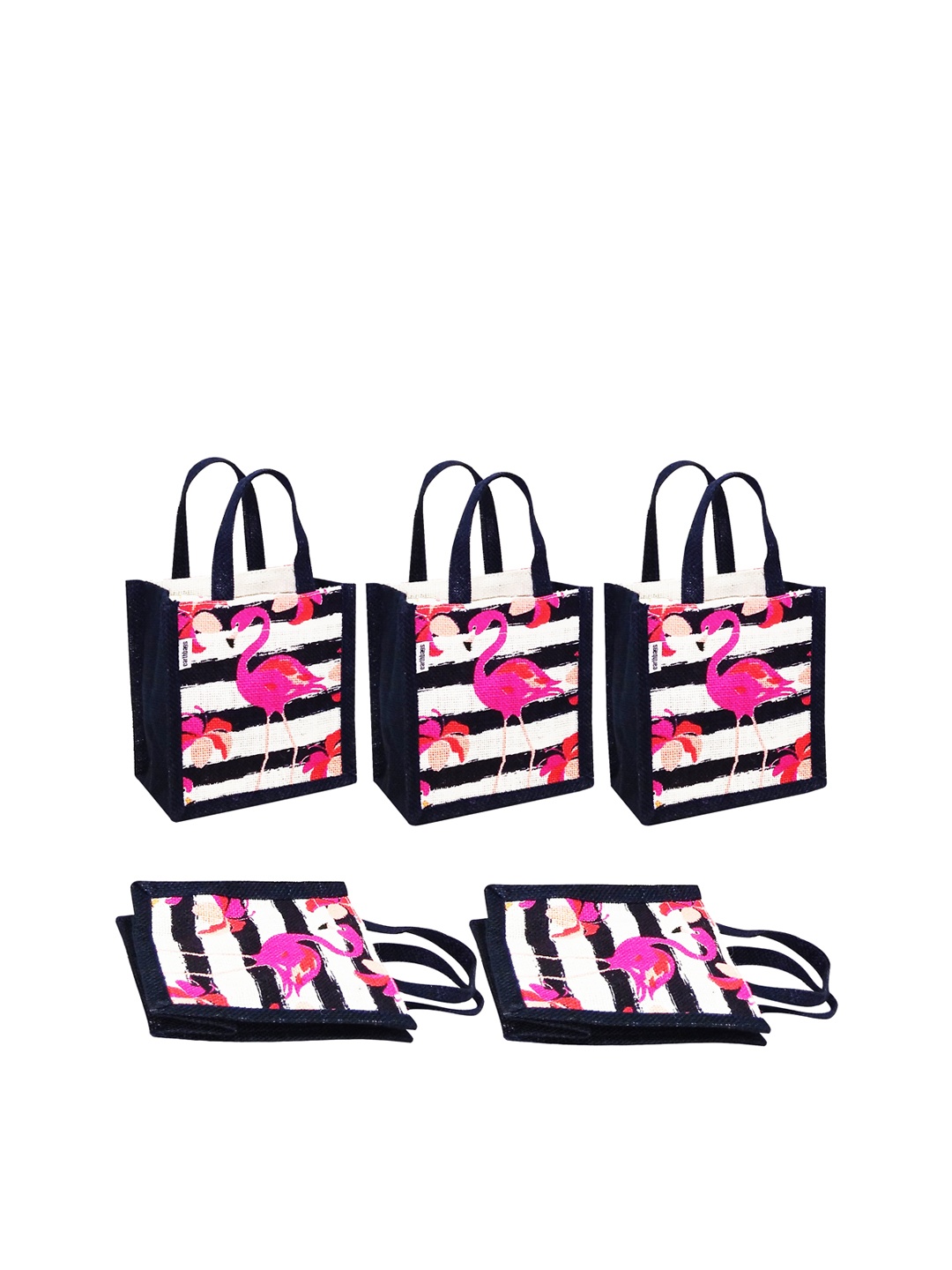 

earthbags Set of 5 Navy Blue & Pink Printed Shopper Tote Bags