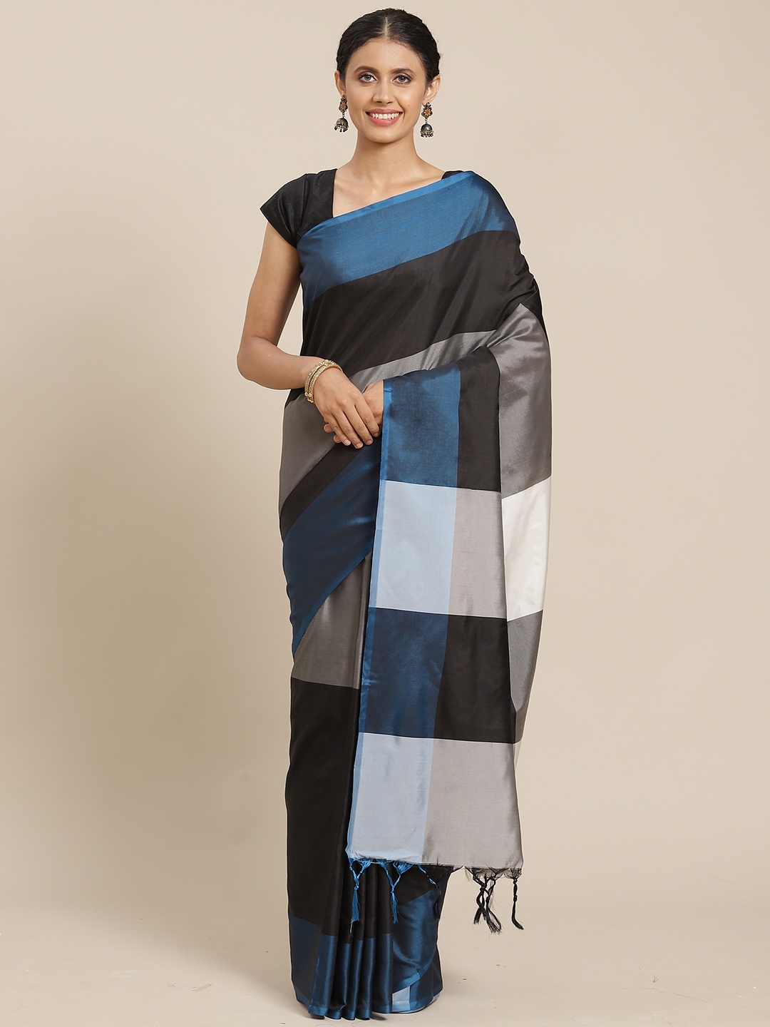 

OM SAI LATEST CREATION Black & Blue Striped Jaali Saree