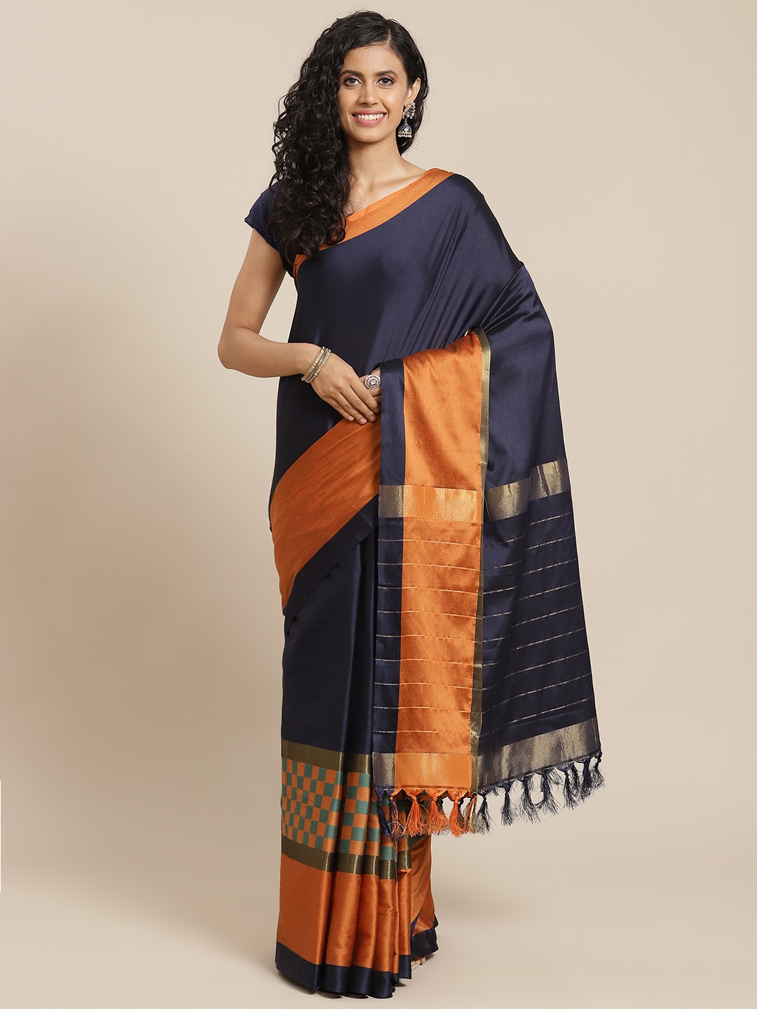 

OM SAI LATEST CREATION Navy Blue & Orange Solid Saree