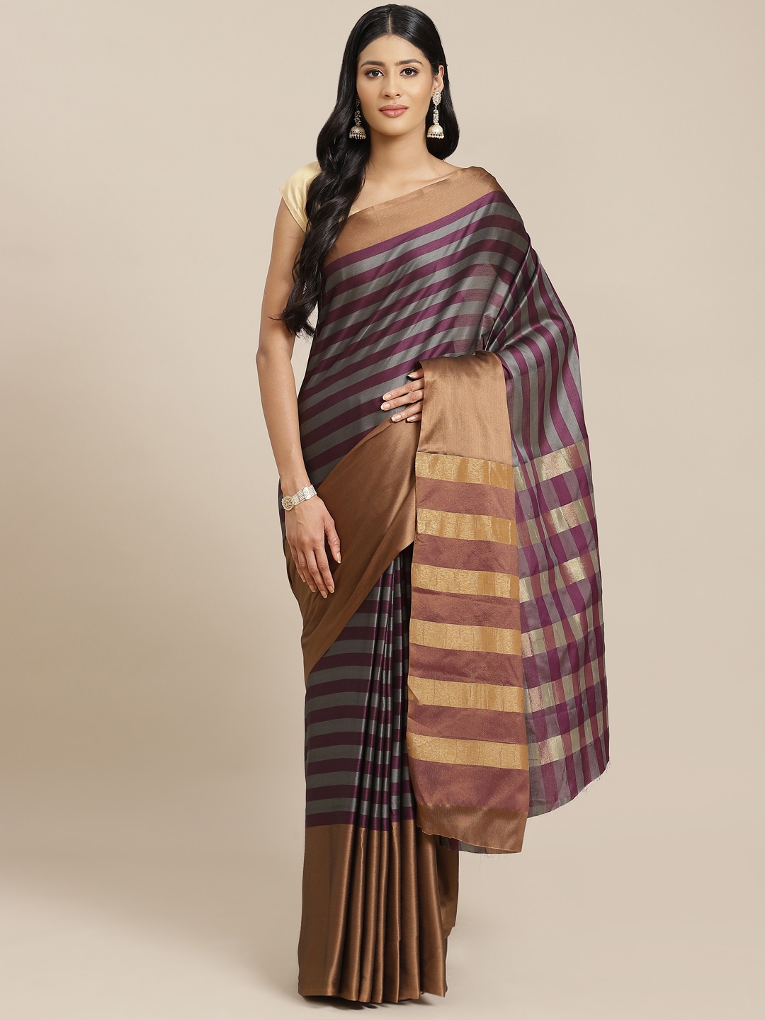 

OM SAI LATEST CREATION Women Rust Orange & Burgundy Striped Jaali Kanjeevaram Saree