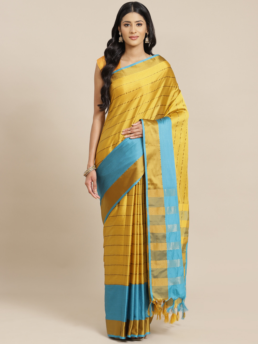 

OM SAI LATEST CREATION Women Yellow & Blue Striped Jaali Kanjeevaram Saree