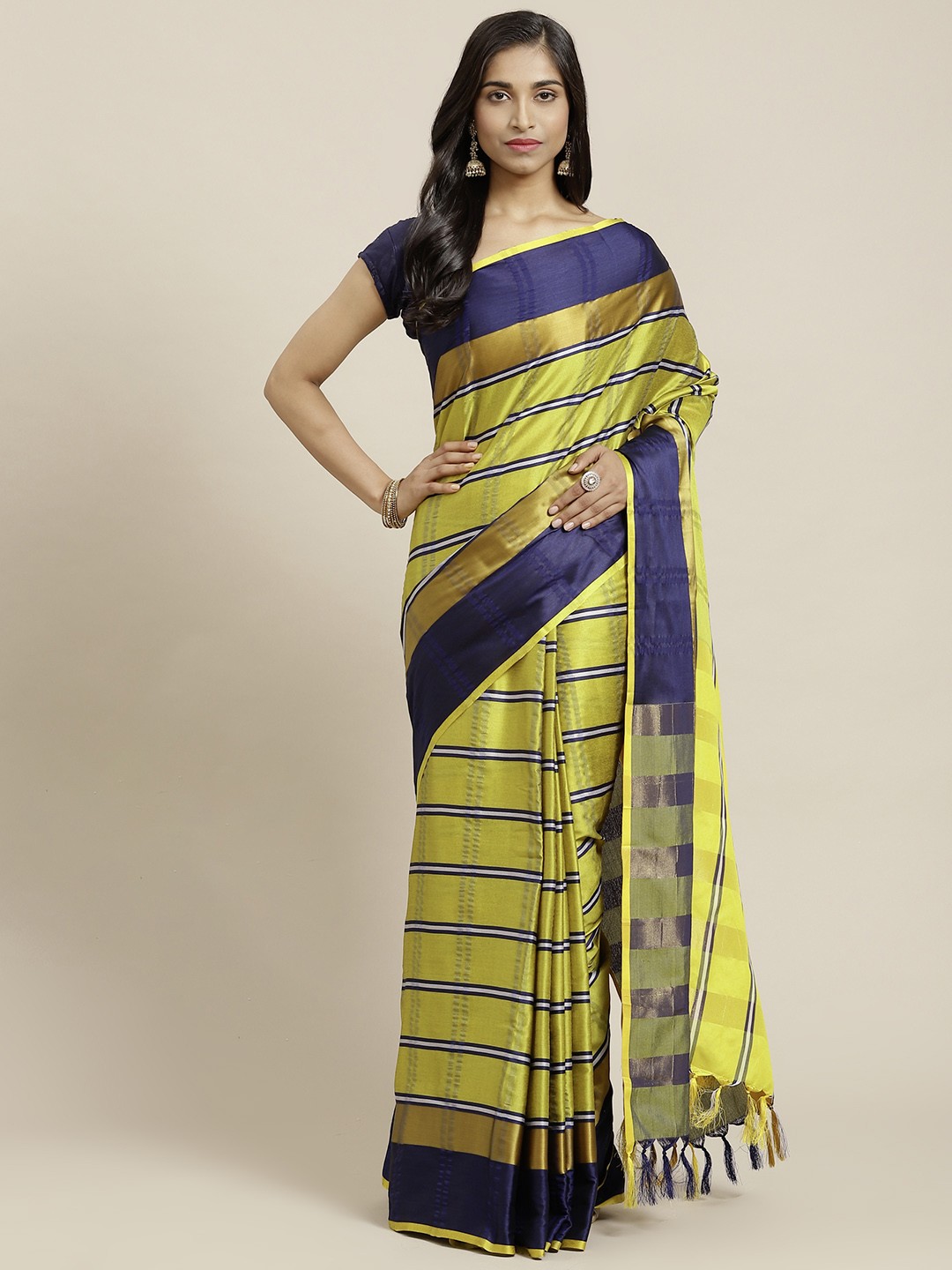 

OM SAI LATEST CREATION Yellow & Blue Striped Jaali Kanjeevaram Saree