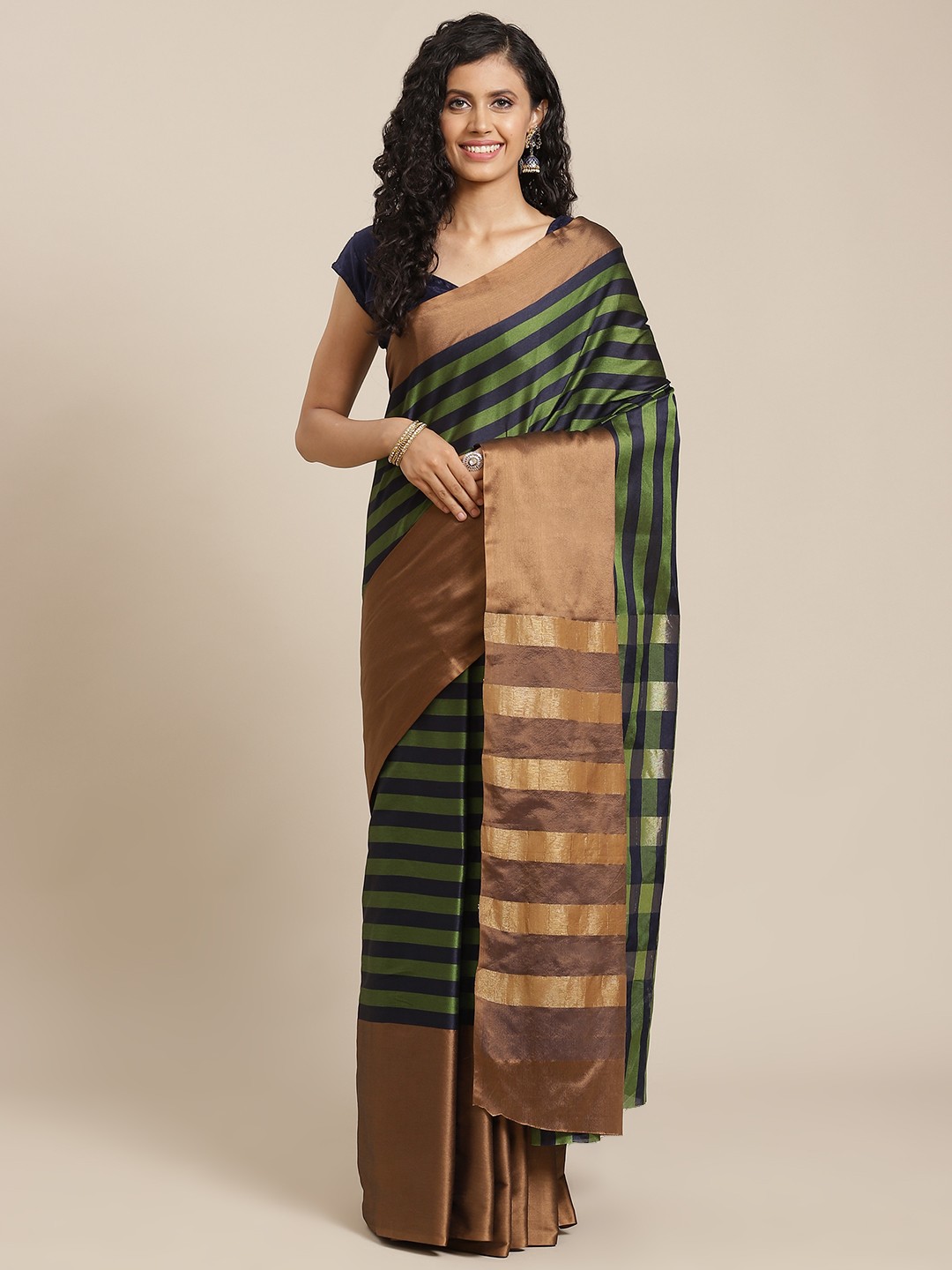 

OM SAI LATEST CREATION Green & Black Striped Kanjeevaram Saree