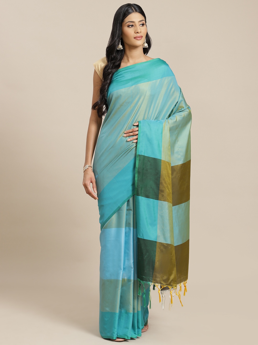 

OM SAI LATEST CREATION Women Blue Colourblocked Jaali Kanjeevaram Saree