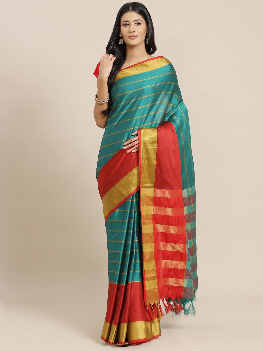 

OM SAI LATEST CREATION Women Teal Green & Red Striped Jaali Kanjeevaram Saree