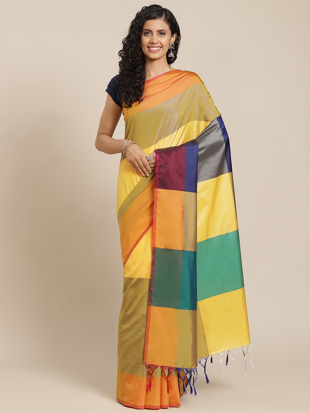 

OM SAI LATEST CREATION Yellow & Navy Blue Colourblocked Kanjeevaram Saree