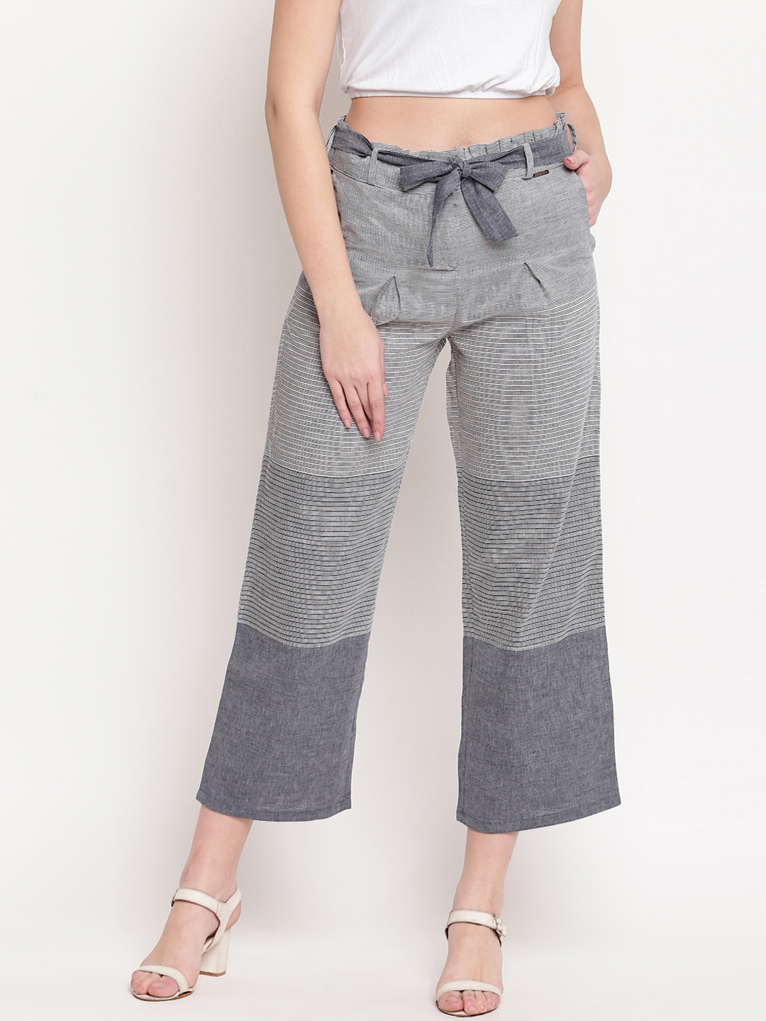 

Kvsfab Women Blue Striped Parallel Trousers With Fabric Belt