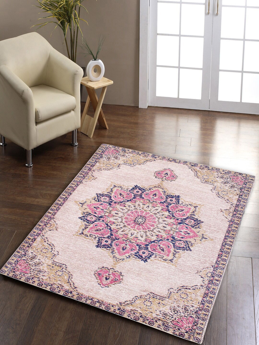 

AVI Living Beige & Pink Jacquard Loomed 2500 GSM Anti-Skid Carpet