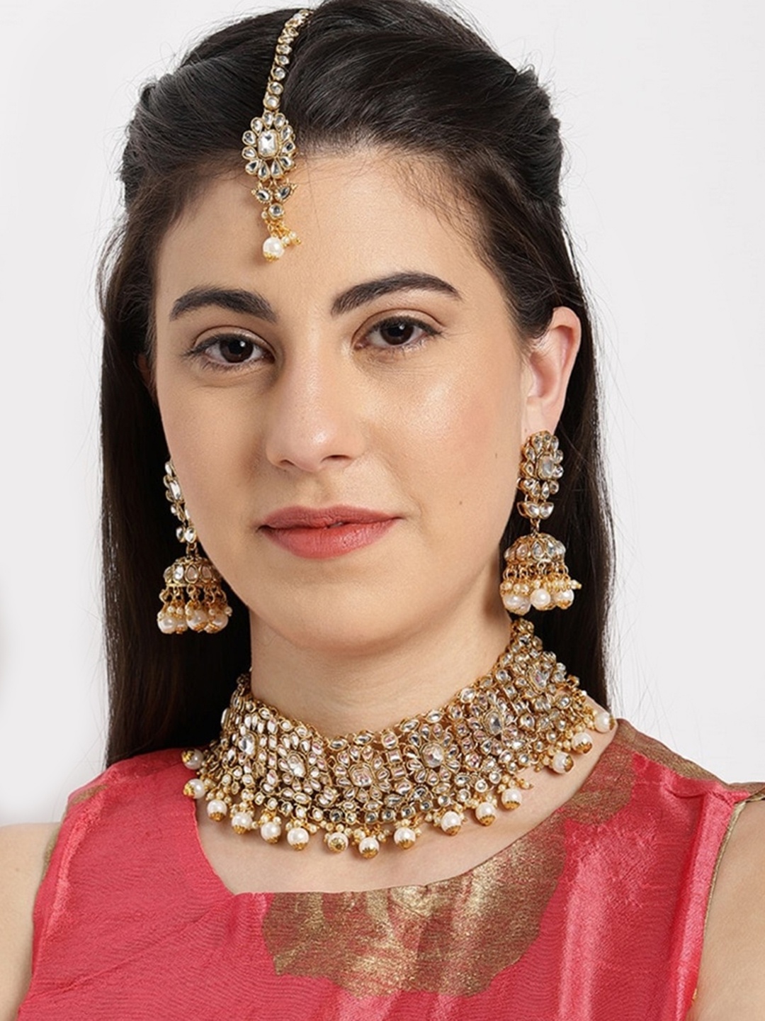 

Rubans Gold-Plated White AD-Studded & Pearl Beaded Handcrafted Jewellery Set