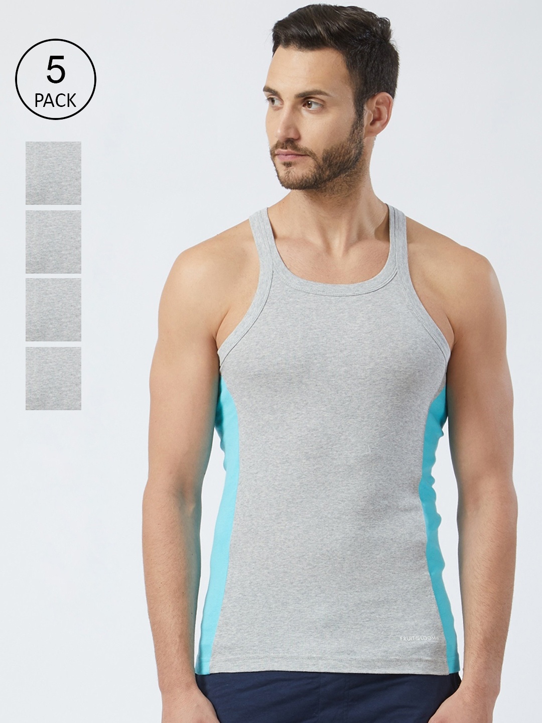 

Fruit of the loom Men Pack Of 5 Grey Melange & Turquoise Blue Gym Innerwear Vests