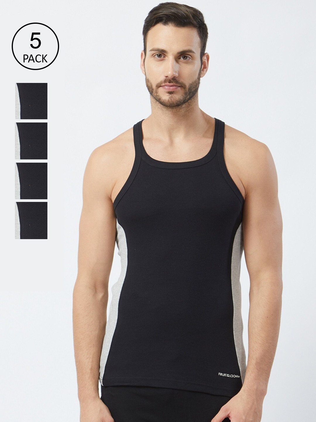 

Fruit of the loom Men Pack Of 5 Black Solid Innerwear Gym Vests