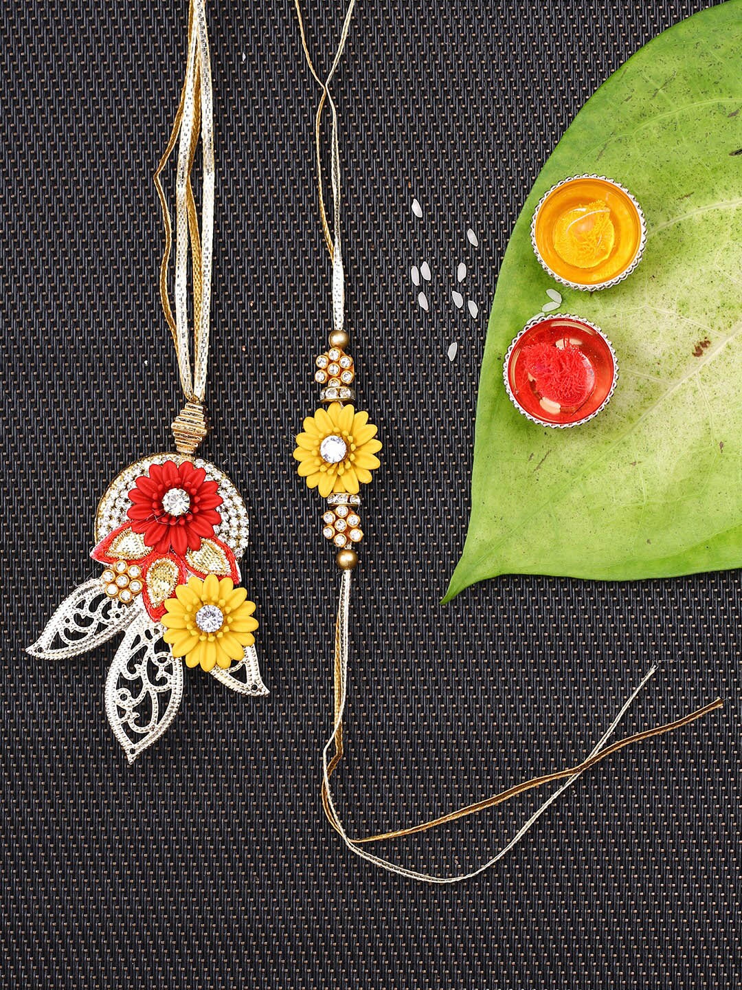 

Aapno Rajasthan Unisex Red & Yellow AD-Studded Bhaiya Bhabhi Rakhi Set