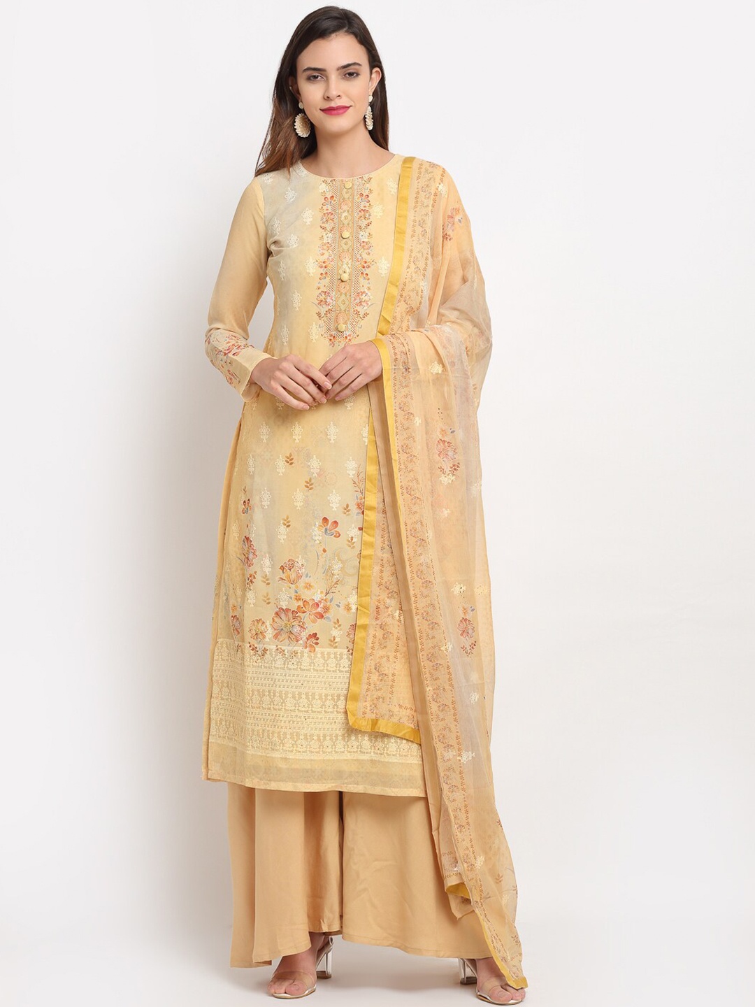 

Stylee LIFESTYLE Yellow & Brown Embroidered Unstitched Dress Material