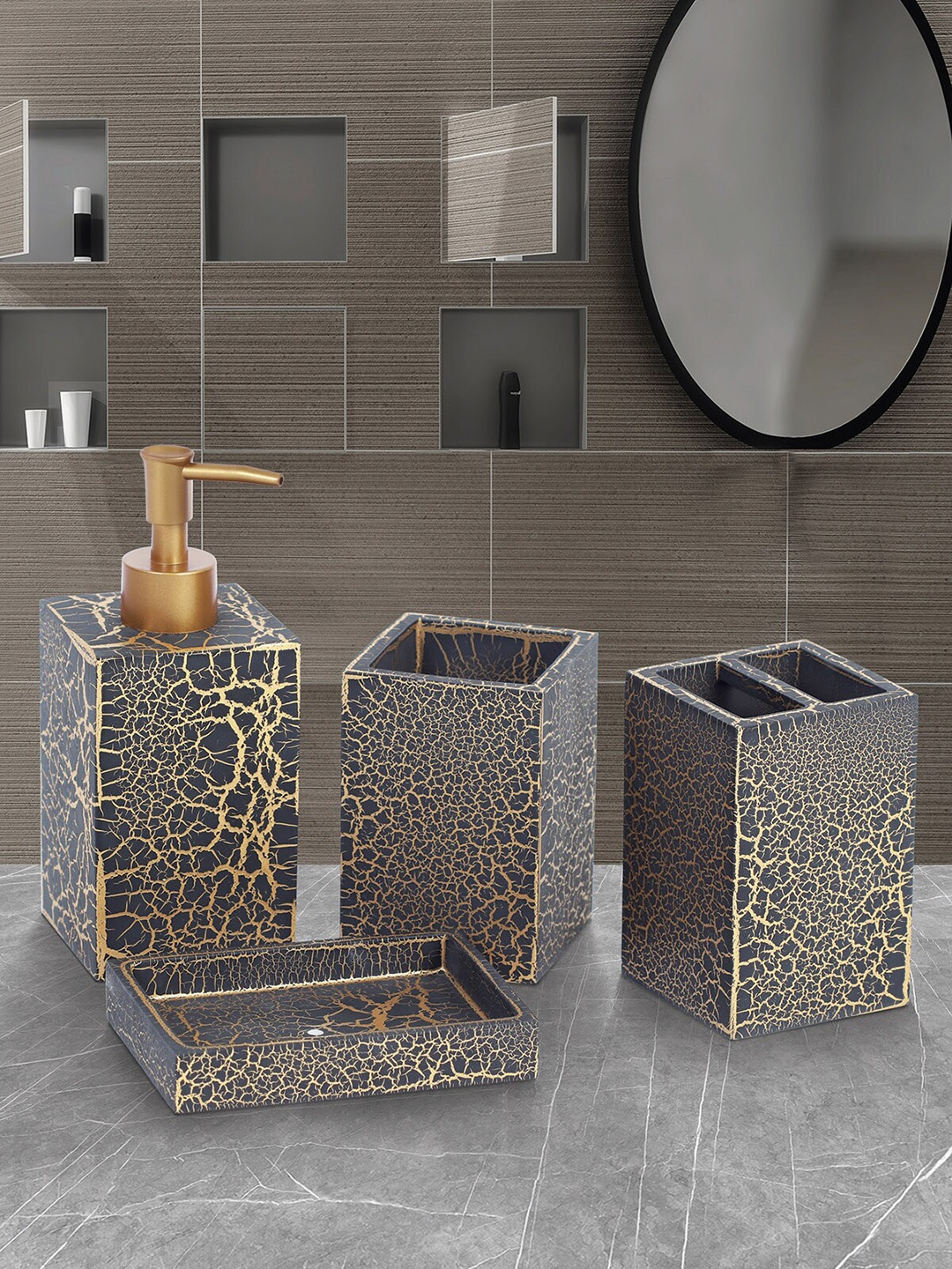 

OBSESSIONS Set Of 4 Black & Gold-Toned Printed Alvina Bathroom Accessories