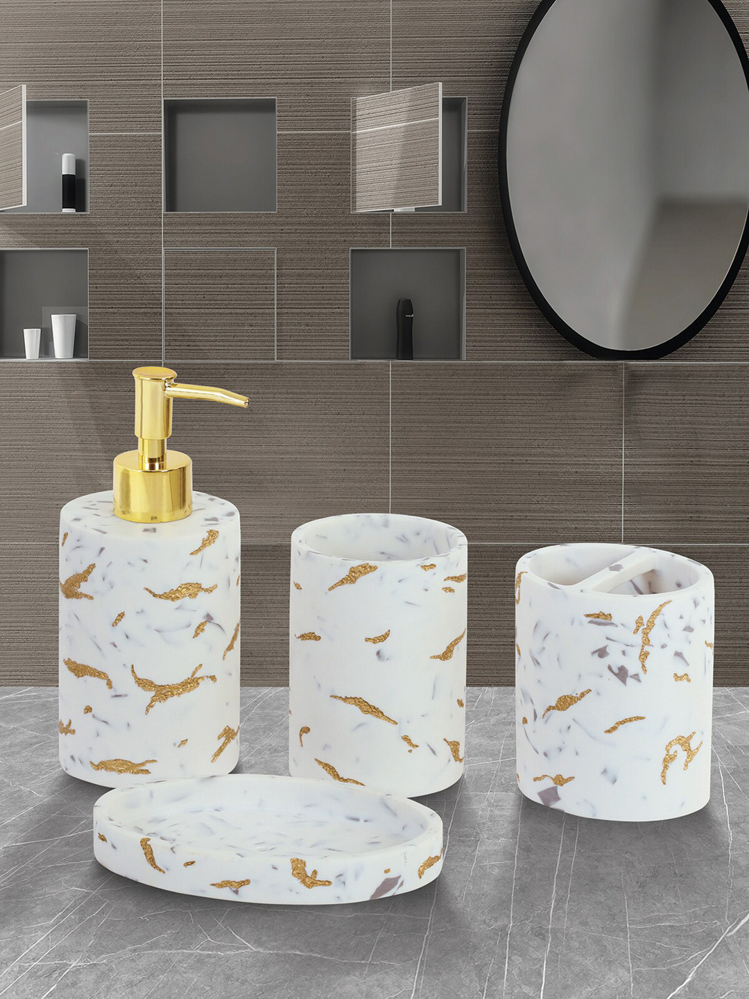 

OBSESSIONS Set Of 4 White & Gold-Toned Printed Spaze Bathroom Accessories