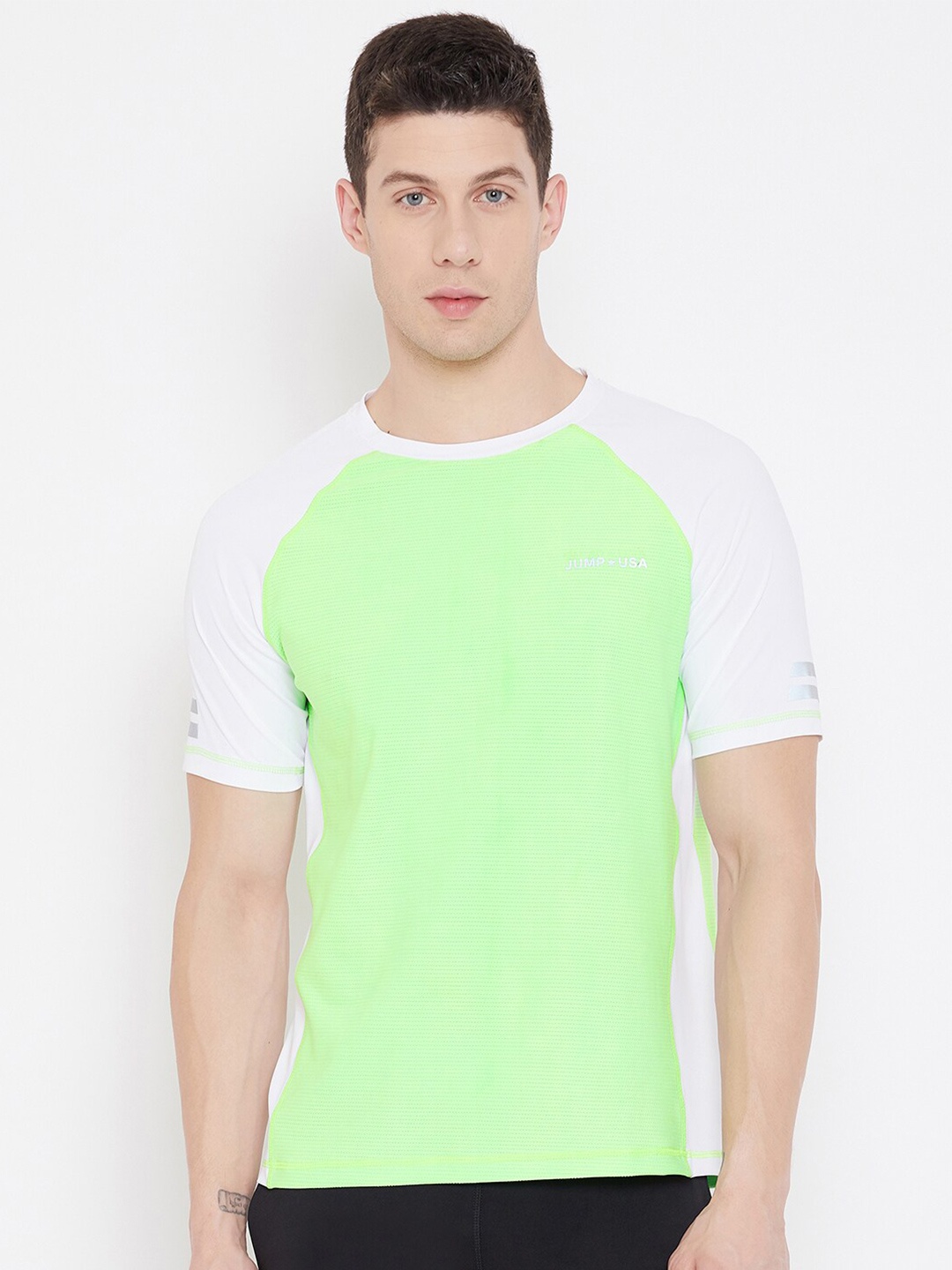 

JUMP USA Men Fluorescent Green & White Colourblocked T-shirt