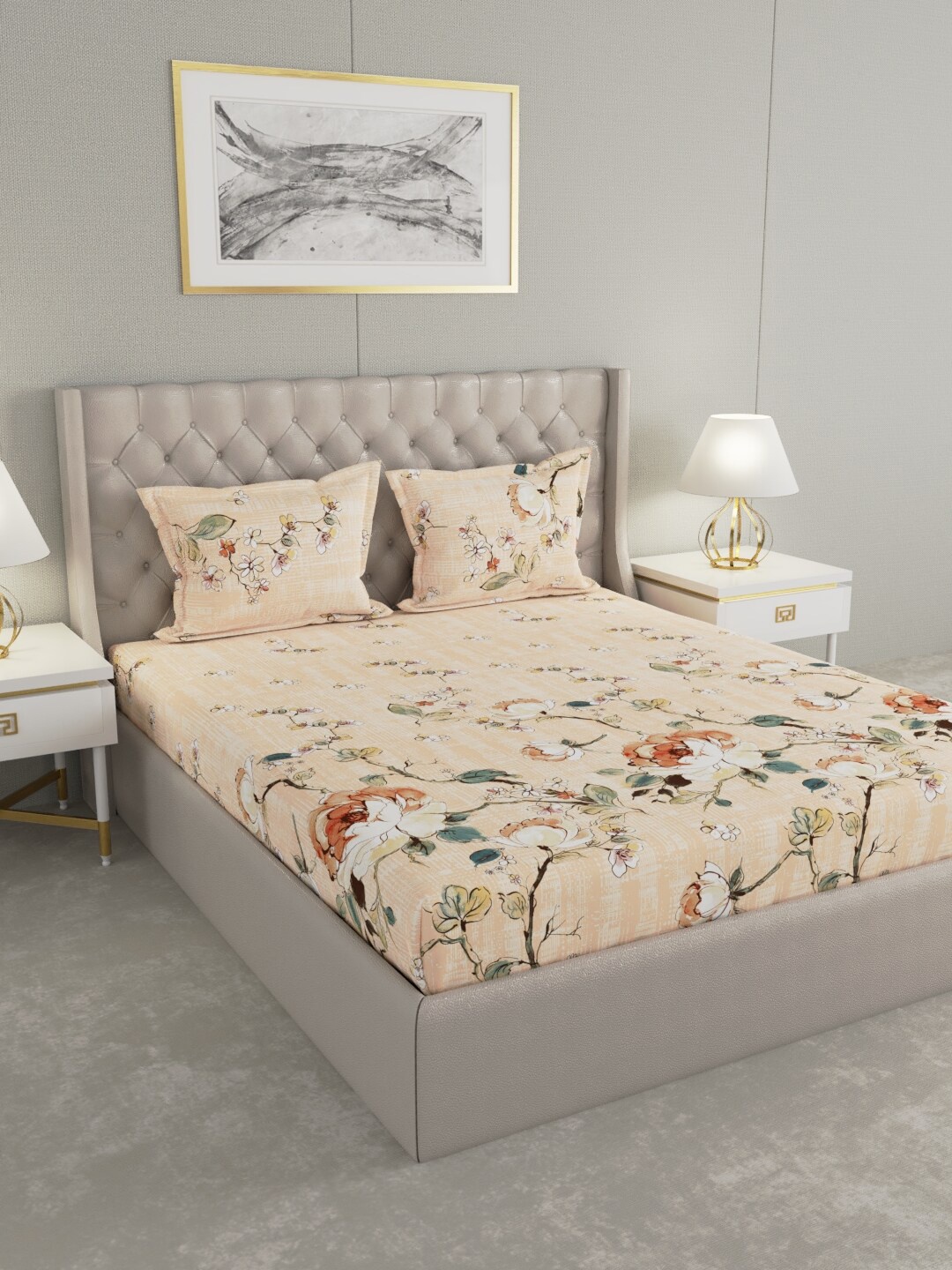 

Raymond Home Peach-Coloured & Green Floral 104 TC King Bedsheet with 2 Pillow Covers