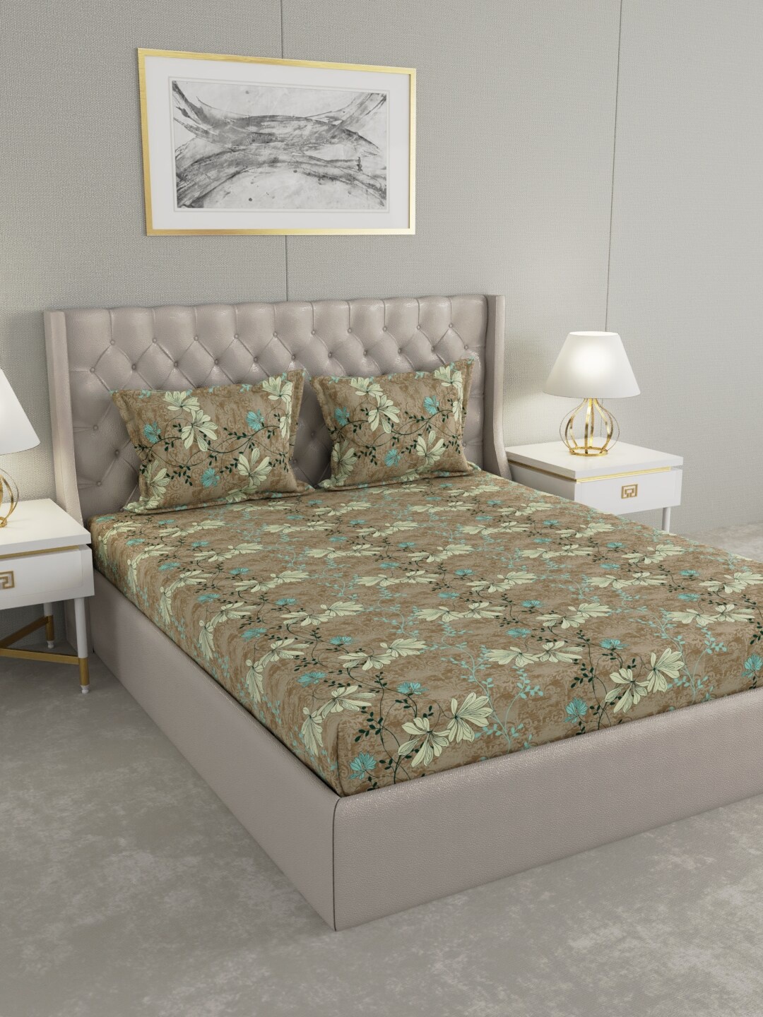 

Raymond Home Brown & Green Floral 104 TC Cotton King Bedsheet with 2 Pillow Covers
