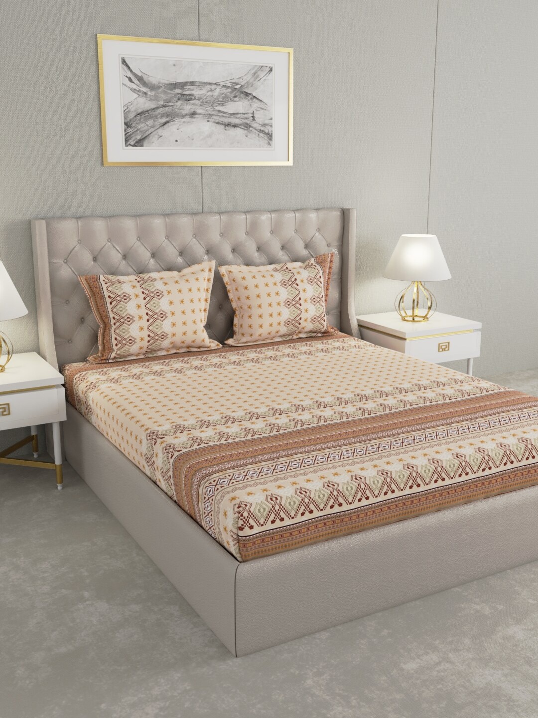 

Raymond Home Beige & Mustard Ethnic Motifs 104 TC King Bedsheet with 2 Pillow Covers