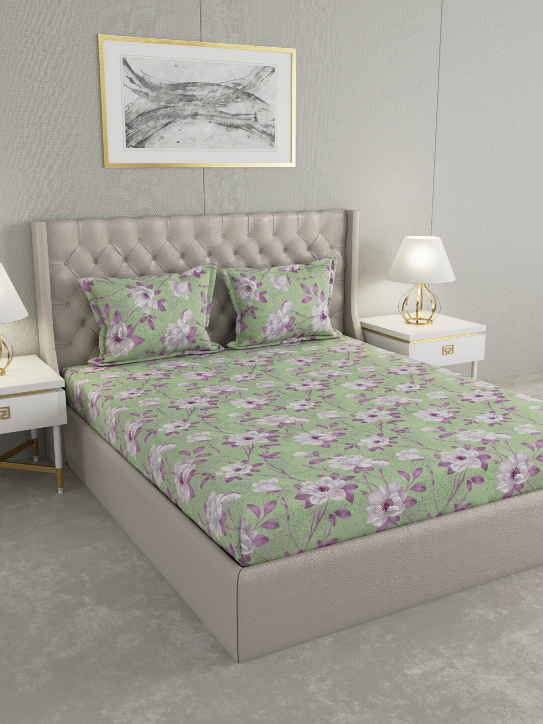 

Raymond Home Green & Lavender Floral 104 TC Cotton King Bedsheet with 2 Pillow Covers