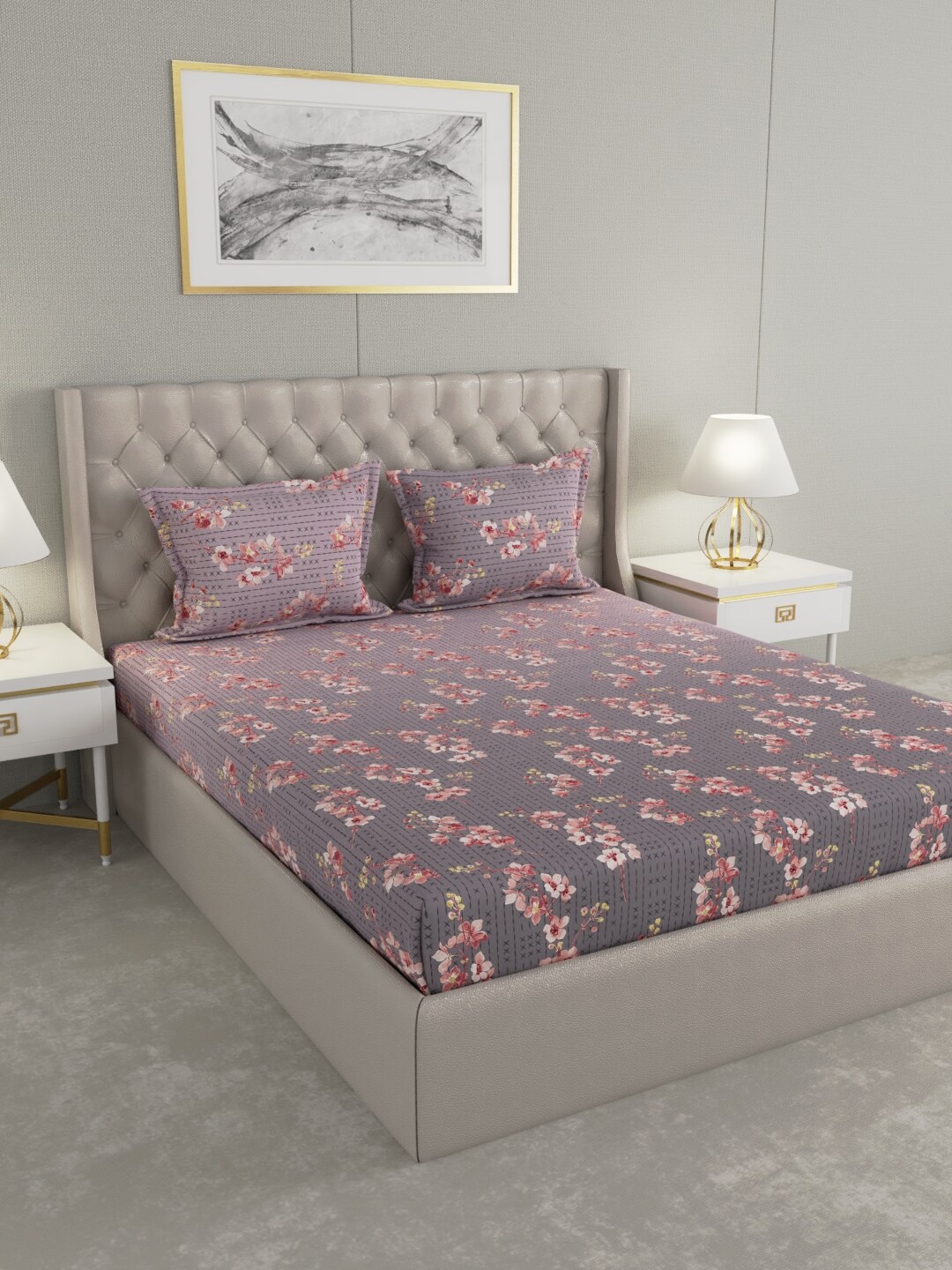 

Raymond Home Mauve & Pink Floral 104 TC King Bedsheet with 2 Pillow Covers